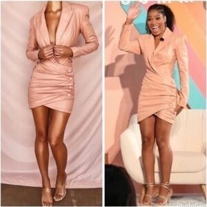 NWT House of CB Peony Pink Vegan Leather Plunge Blazer Bodysuit+Skirt Set(Sz L)